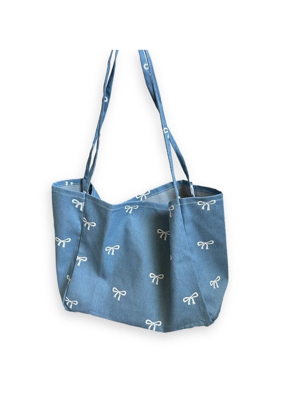 DENIM LARGE BOW TOTE | NEW Denim Blue & White Bow Tote Bag - Picture 4 of 7